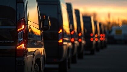 Wall Mural - High-end black vans at a dealership showcased at sunset with a focus on tail lights.