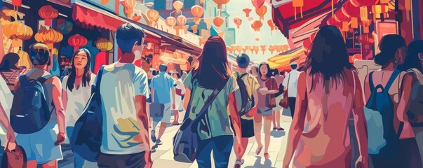 Wall Mural - Asian women travel lifestyle, China food market street in Beijing. Chinese tourists walking in city streets on Asia vacation tourism, panoramic banner. MZ, illustration, vector art