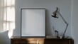 © 楠 刘 - Surrealist Bauhaus style bedroom, with a blank vertical frame on the dressing table and a silver metal desk lamp. High resolution daytime indoor photography with a minimalist and modern design.