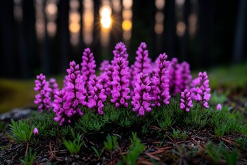 a patch of epilobium hirsutum in the wild, with its pink blossoms brightening a forest clearing