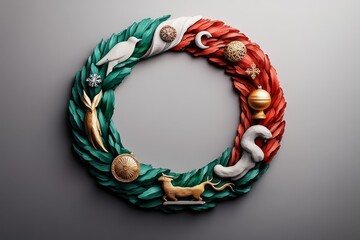 A watercolor Christmas wreath made of symbols from around the world, with soft greens, reds, and golds blending together in a peaceful design