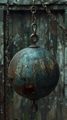 Weathered Metal Ball Hanging on Chain - Industrial Design