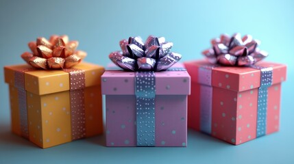 Three colorful gift boxes with decorative bows on a gradient background.