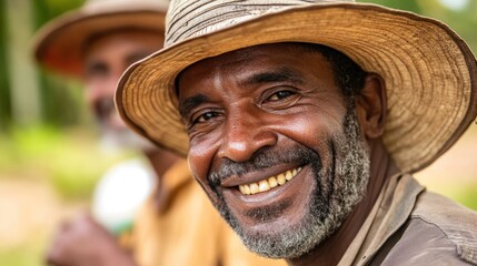 Close-up portrait of happy farm workers with sun hats