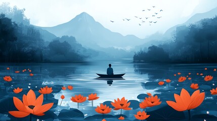 Wall Mural - A man is sitting in a boat on a lake surrounded by a field of red flowers. The scene is peaceful and serene