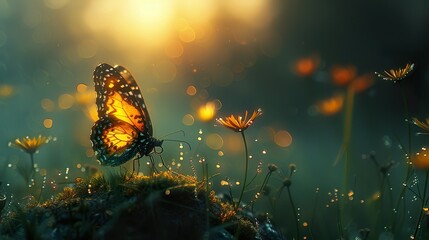 Wall Mural - butterfly on flower with dew drops - nature photography