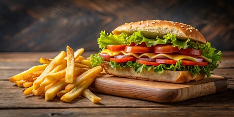 Wall Mural - A Rustic Table Setting Featuring a Savory Sandwich with Fresh Toppings and a Side of Crispy Fries