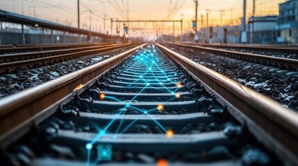 Modern electric systems on train tracks, illustrating the technology behind smart transportation and railway networks