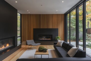 Modern living room with fireplace, wooden wall, and large windows overlooking a garden.