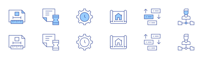 Poster - Project icon set in two styles, Duotone and Thin Line style. Editable stroke. plan, prioritize, project management, technical drawing, time, time management