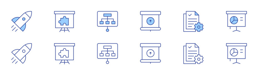 Poster - Project icon set in two styles, Duotone and Thin Line style. Editable stroke. presentation, project, projector screen, rocket, solution, workflow