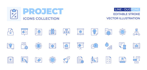 Poster - Project icons collection. Line Duotone style, editable stroke. gear, project, report, graphic tablet, idea, projector screen, rocket, solution, blueprint, compliance