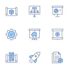Poster - Project icons set. Line Duotone style, editable stroke. presentation, project, projector screen, rocket, solution, workflow, blueprint, compliance, file