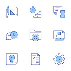 Poster - project icons set. line duotone style, editable stroke. technical drawing, time, time management, br