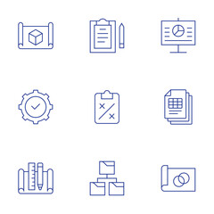 Poster - project icons set. thin line style, editable stroke. blueprint, compliance, file, presentation, proj