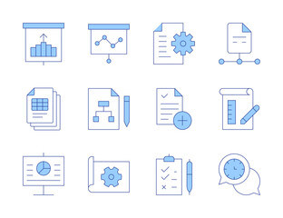 Poster - project icons. line duotone style, editable stroke. physics, project, project plan, blueprint, coord