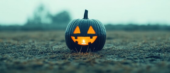 Canvas Print - Jack-O-Lantern in Foggy Field.