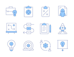 Poster - project icons. line duotone style, editable stroke. strategy, deployment, outsourcing, idea, busines