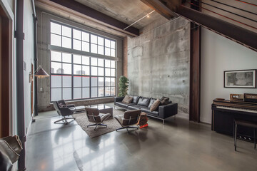 Poster - Industrial loft-style living room with exposed concrete walls, metal furniture, and large windows, complemented by minimalist decor and a dark leather sofa.