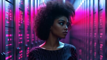 Poster - In a futuristic data center, a young woman with a natural afro gazes thoughtfully, surrounded by vibrant pink lighting that enhances the tech-filled atmosphere.