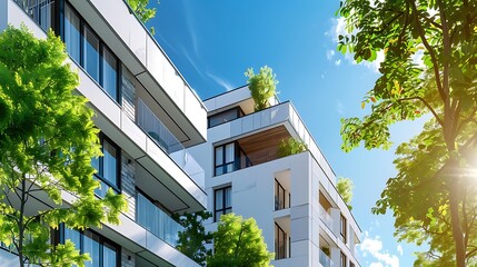 Canvas Print - Modern apartment building with greenery and bright sky.