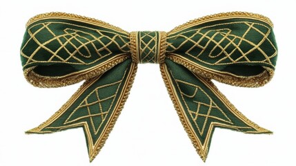 Green and Gold Decorative Bow with Geometric Pattern for Festive Occasions