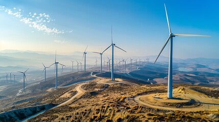 Aerial view of wind turbines on hills, showcasing renewable energy production in a vast landscape.