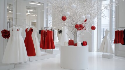 A chic boutique displays elegant red and white dresses, adorned with festive decorations, creating a stylish and inviting atmosphere.