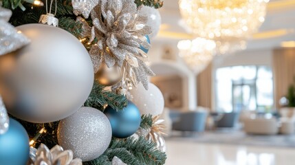 A beautifully decorated Christmas tree adorned with silver and blue ornaments, set against a blurred luxurious interior with a chandelier.