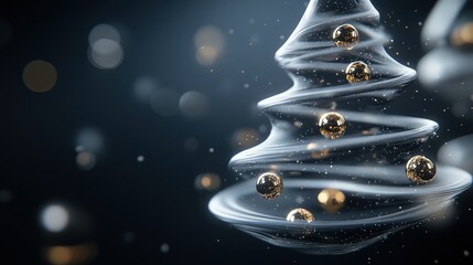 A shimmering abstract Christmas tree adorned with golden ornaments, set against a dark, dreamy background with soft bokeh lights.