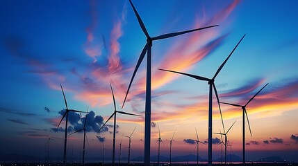 A scenic view of wind turbines against a vibrant sunset sky.