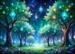 © Thanapat - A sprawling, mystical forest with trees adorned in iridescent gemstones, their leaves shimmering in shades of emerald and sapphire under a starry night sky.