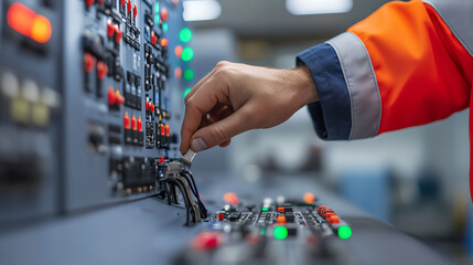 A worker's hand adjusting controls on a machinery panel, showcasing the complexity and precision involved in industrial operations.