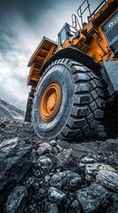 A large yellow mining truck drives over rocks and dirt.