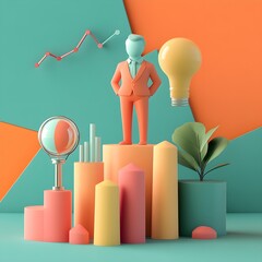 Poster - Businessman Standing on Colorful Abstract Geometric Shapes with Lightbulb