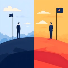 Two Businessmen Standing on Hills with Flags   Goal  Success  Achievement  Ambition   Business Concept Illustration