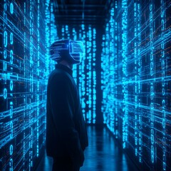 Poster - Man In Virtual Reality Headset Standing In Digital Corridor