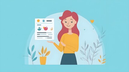 Poster - Woman Presenting Data With Icons And Charts On Blue Background