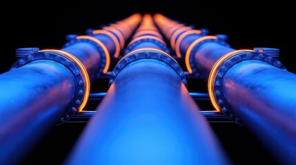 Illuminated industrial pipelines creating a captivating perspective of modern engineering and technology in a dark environment