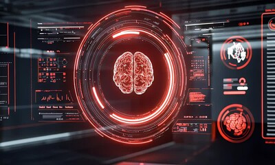 Poster - Futuristic holographic interface displaying cybersecurity data, with a red and black color theme. A circular digital display in the center shows an abstract symbol representing a human head or brain, 
