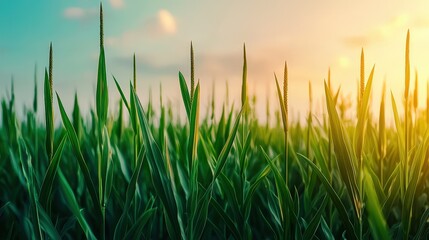 Vibrant green fields bathed in golden light a serene landscape capturing nature's beauty at dusk