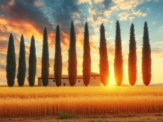 Canvas Print - Majestic Tuscan Countryside at Sunset Featuring Tall Cypress Trees Silhouetted Against Vibrant Sky and Golden Wheat Fields Surrounding Traditional Italian Farmhouse