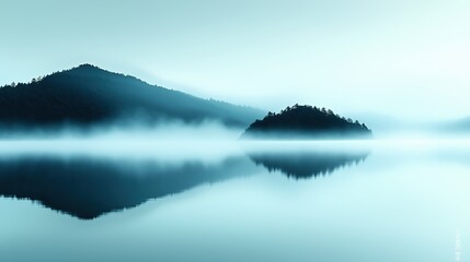 Wall Mural - foggy mountain range is reflected in the water. the sky is a deep blue color. the scene is peaceful 