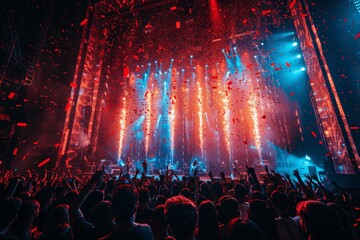 Energetic concert crowd with bright lights and confetti, silhouettes dancing at a lively music festival