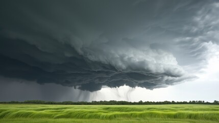 Wall Mural - storm cloud is looming over a field of grass. the sky is dark and ominous, and the clouds are thick 
