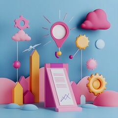 Poster - 3D Abstract Colorful Illustration With Gear  Cloud  And Graph