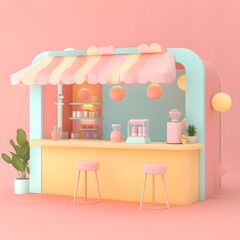 Poster - 3D Minimalist Cartoon Cafe Shop with Pink Yellow and Green Color Scheme