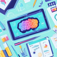 Poster - Digital Brain on Tablet Screen with Charts and Graphs