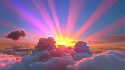 Wall Mural - the sky glows with vibrant colors as the sun sets, casting rays through fluffy clouds