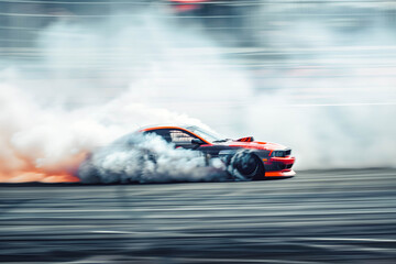 Car drifting, Blurred image diffusion race drift car with lots of smoke from burning tires on speed track.